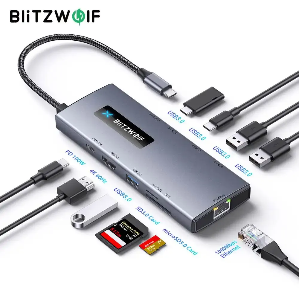 תחנת עגינה BlitzWolf BW-NEW TH8 10 ב-1 ל-USB‑C עם PD ‏100W, ‏4K@60Hz ו-RJ45
