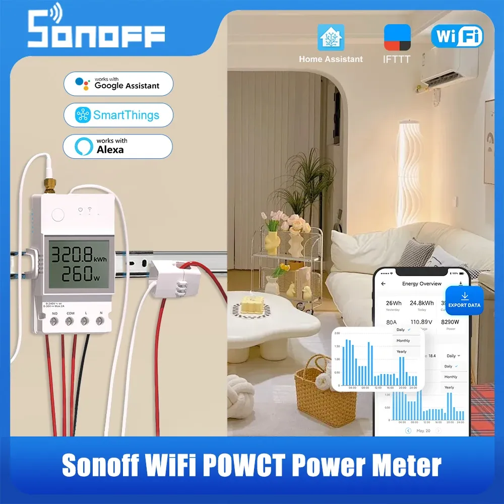 מוניטור צריכת חשמל חכם SONOFF POWCT עם חיישן CT מפוצל וחיבור Wi‑Fi