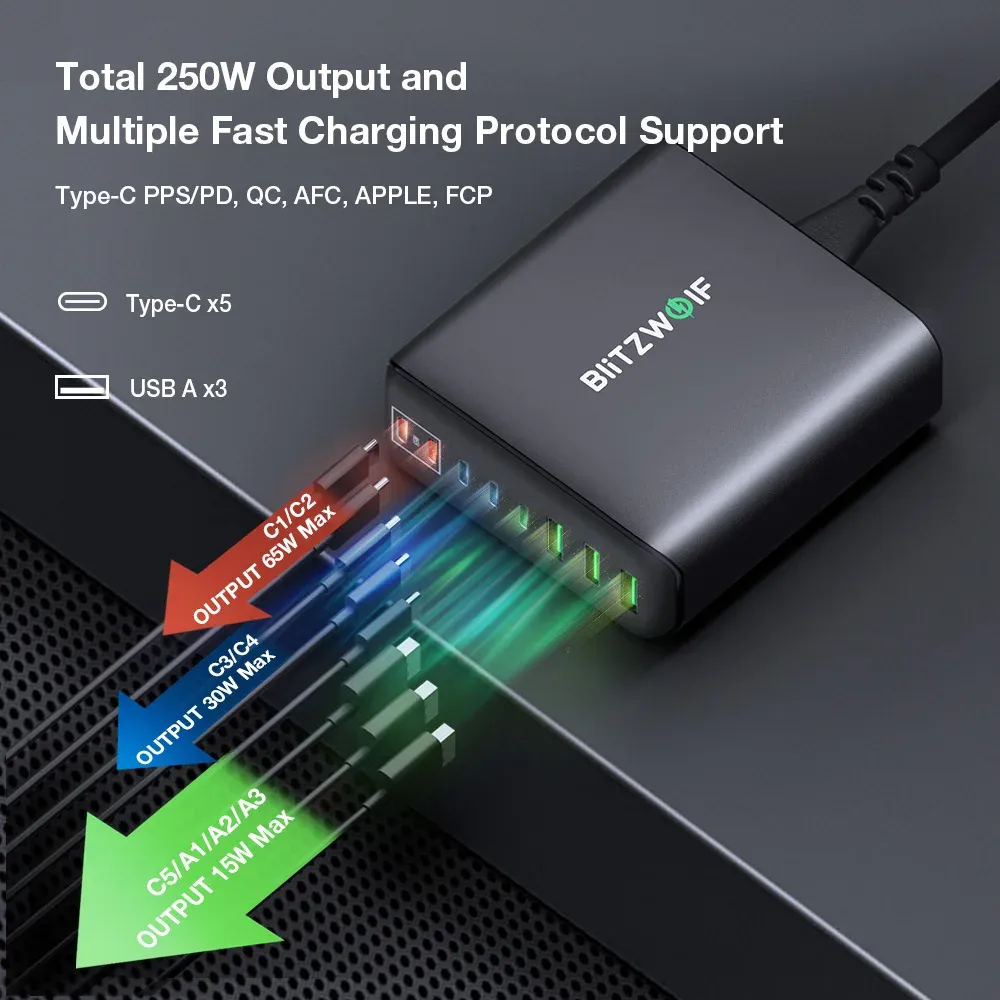 תחנת טעינה שולחנית Blitzwolf S26 עם 8 יציאות ו‑PD מהיר