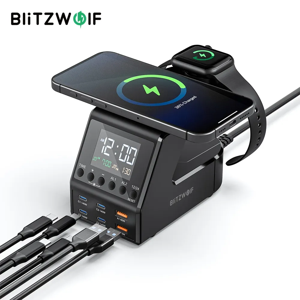 תחנת טעינה חכמה BlitzWolf BW-FW10 עם שעון מעורר ו-10 חיבורים