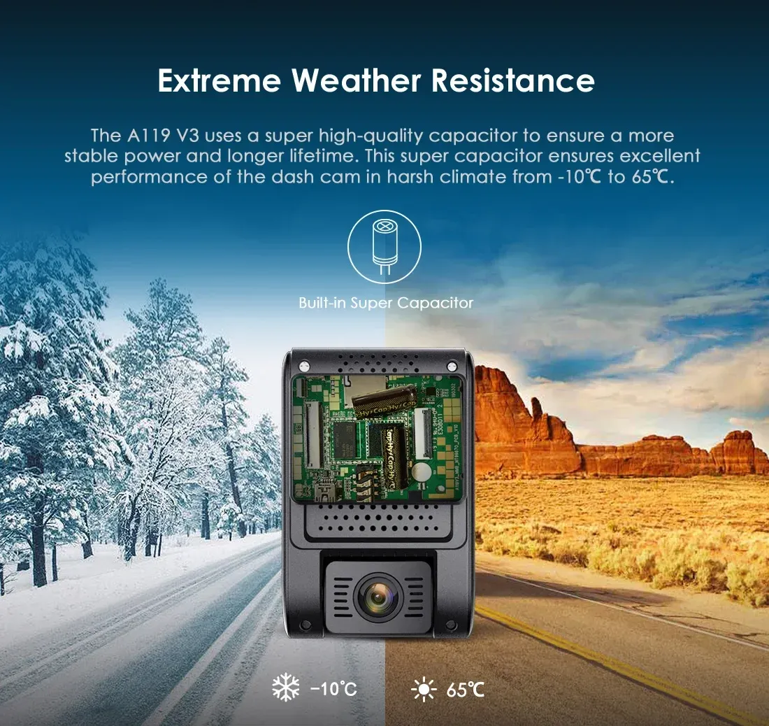 מצלמת דרך Viofo A119 V3 ‏2K עם מצב חניה ו‑GPS אופציונלי