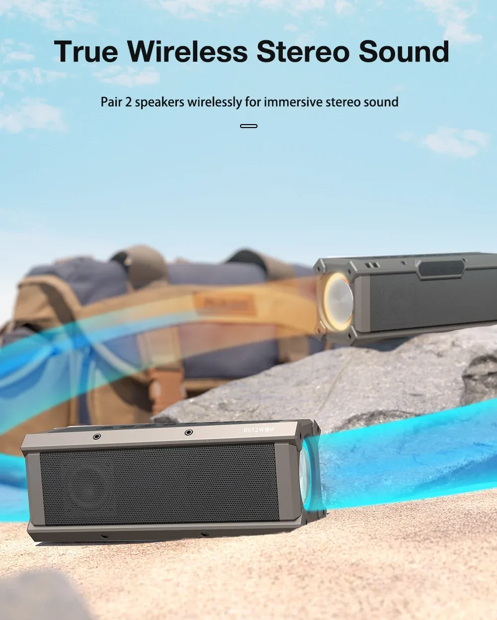רמקול בלוטות' נייד BlitzWolf BW-WA3 בעוצמה 100W עם בס עמוק ותאורת RGB