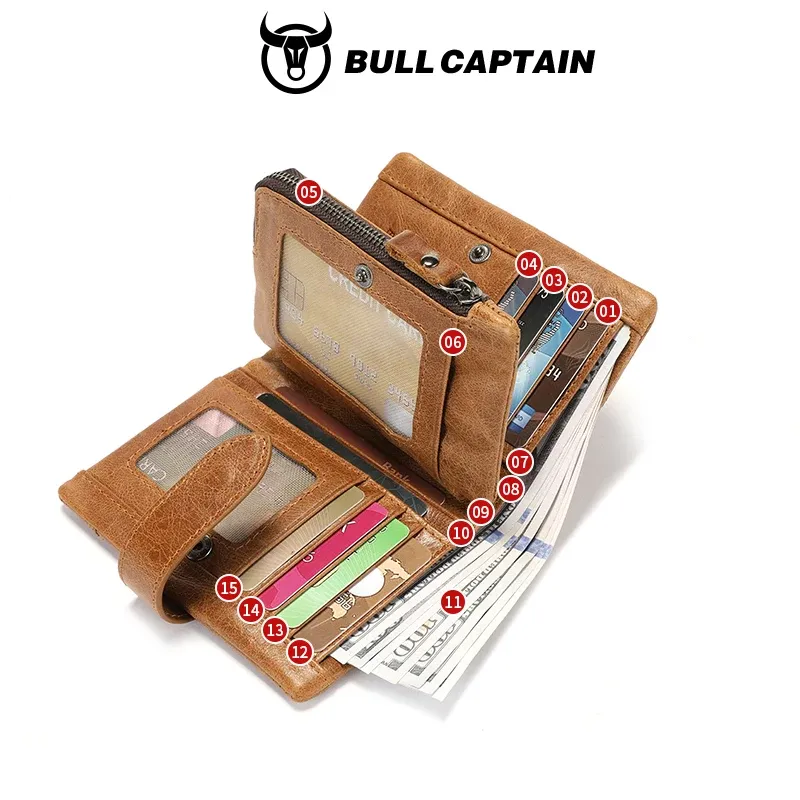 ארנק עור וינטג׳ קומפקטי BULLCAPTAIN עם קליפ לכסף והגנת RFID