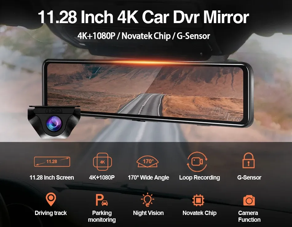 מראת רכב חכמה 4K עם מצלמה קדמית ואחורית