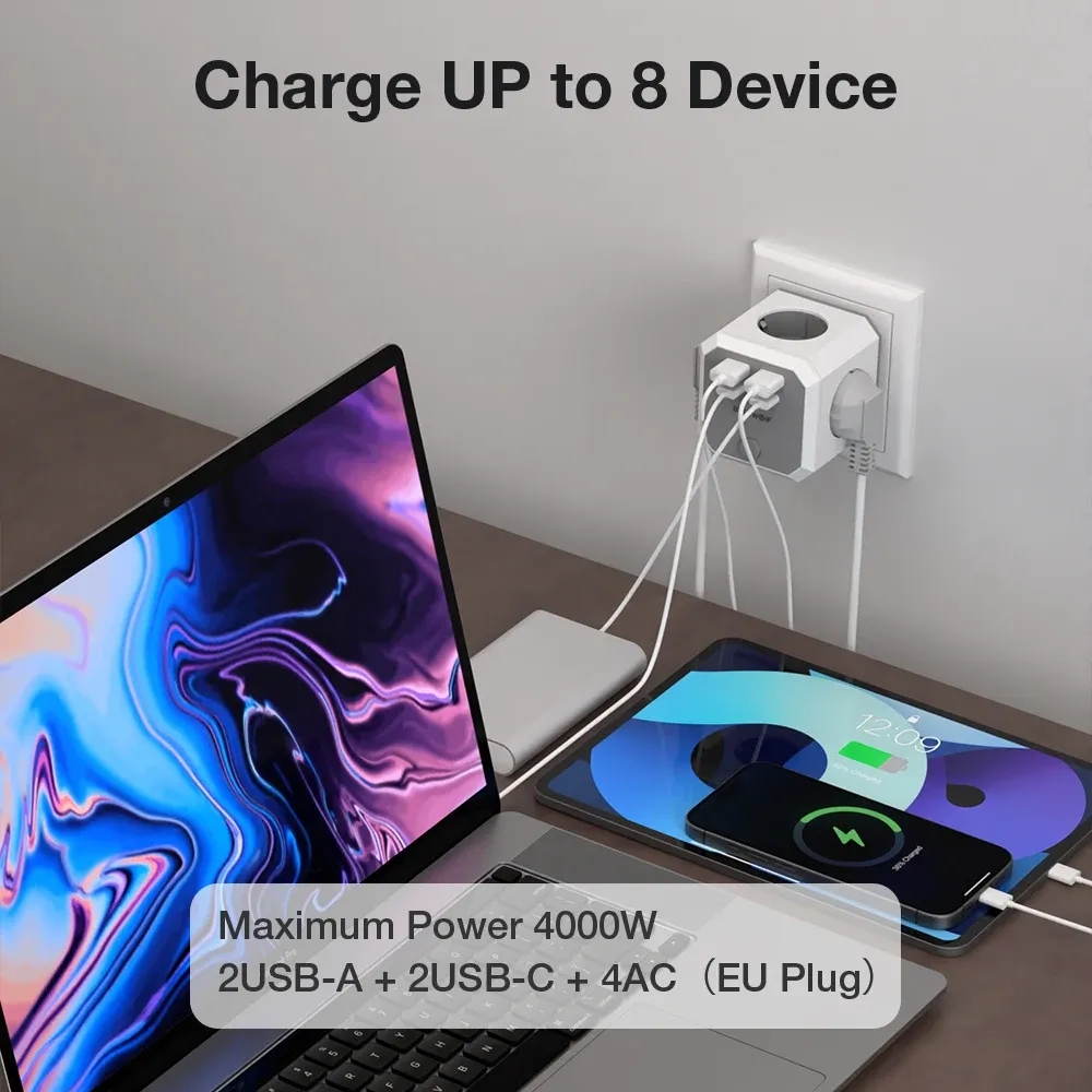 בליץוולף BW-EC2: קוביית שקעים 8 ב-1 לקיר עם USB-C ו-USB-A