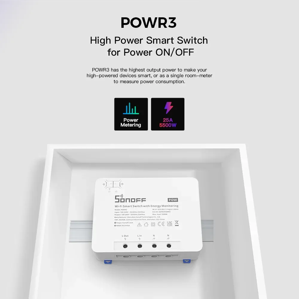 מתג חכם SONOFF POWR3 ‏25A לניטור צריכת חשמל