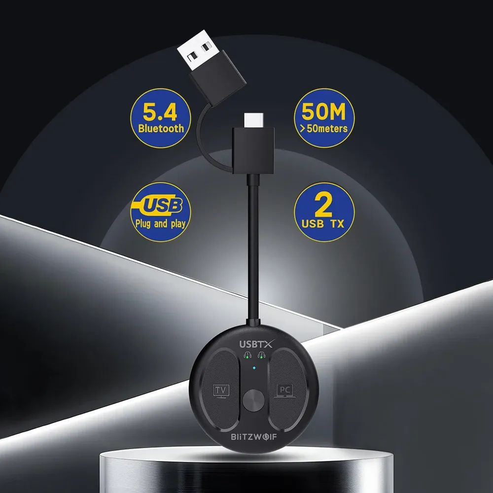משדר אודיו USB Bluetooth 5.4 BlitzWolf BW-LE524 עם חיבור כפול וטווח מורחב