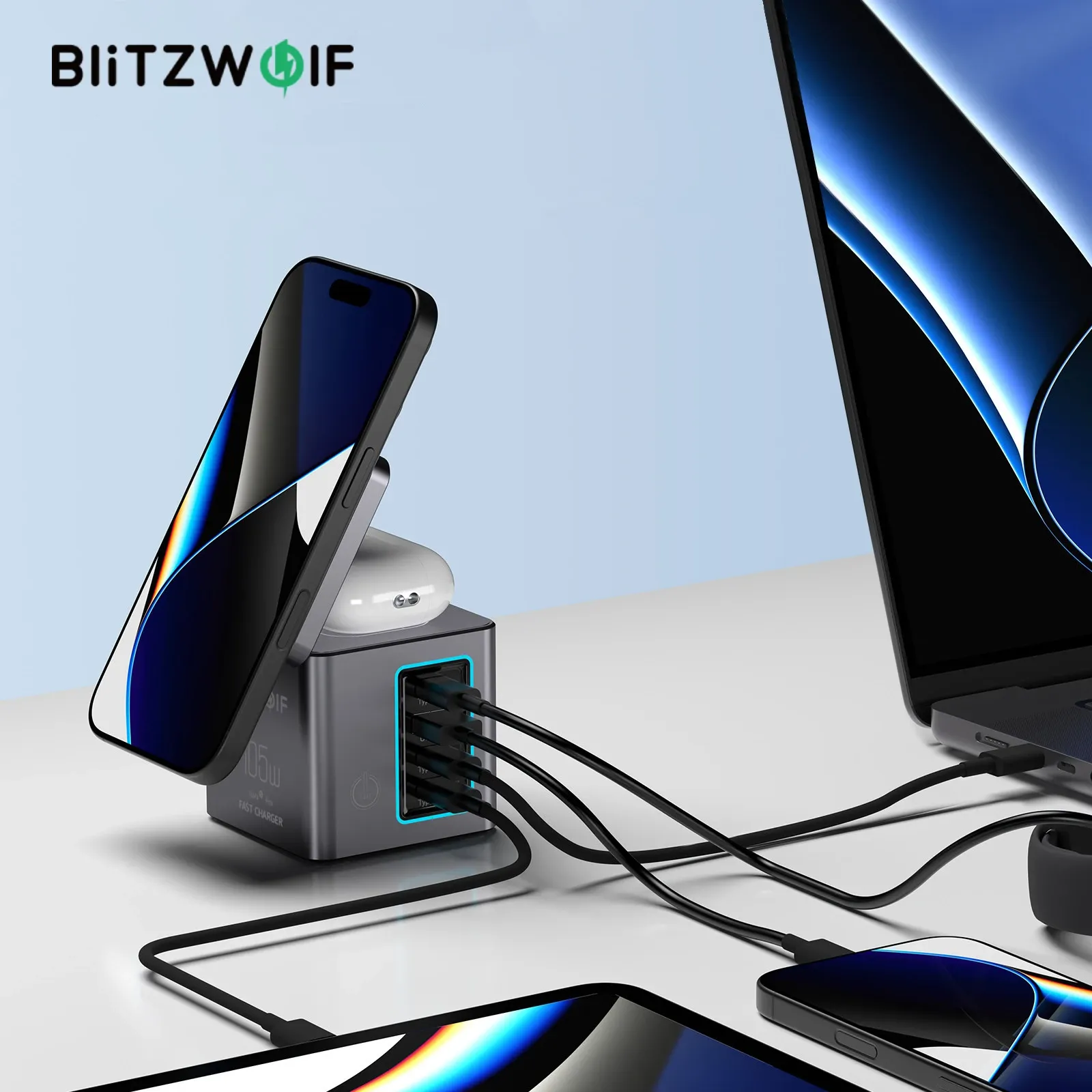 תחנת טעינה שולחנית BlitzWolf BW-i113 6 ב־1 עם טעינה אלחוטית
