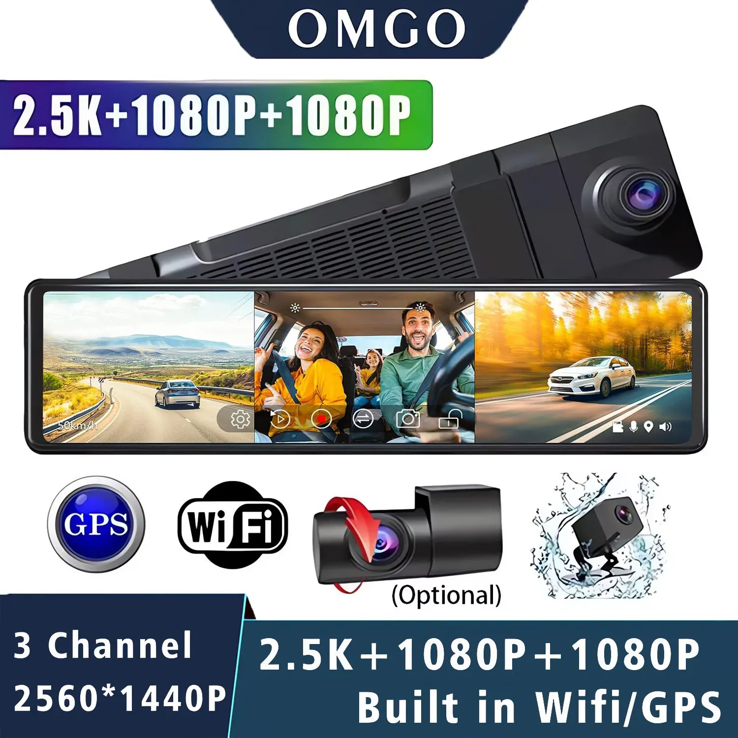 מראת דרך חכמה תלת־ערוצית 11.26 אינץ׳ עם GPS ו‑Wi‑Fi