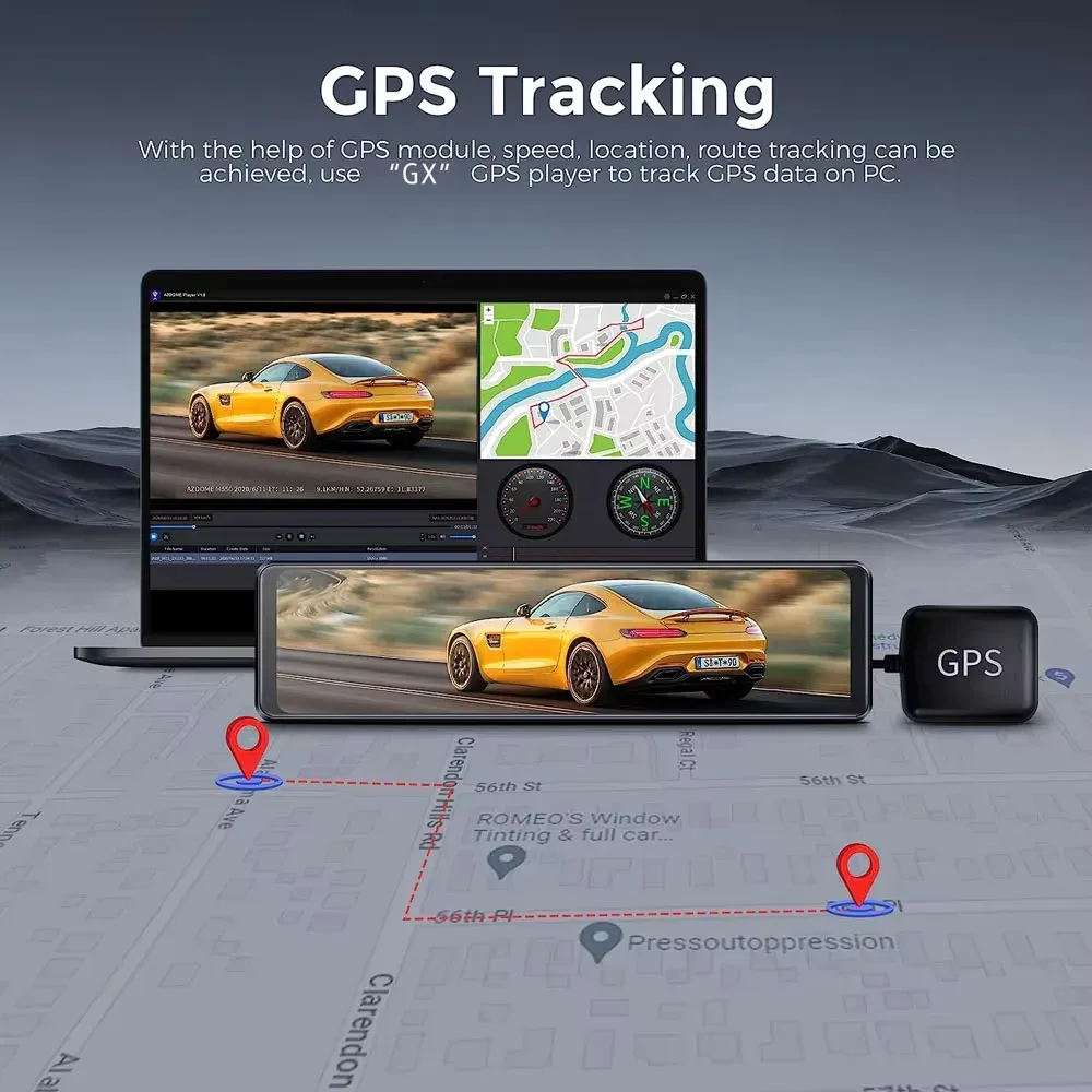 מראת דרך חכמה תלת־ערוצית 11.26 אינץ׳ עם GPS ו‑Wi‑Fi