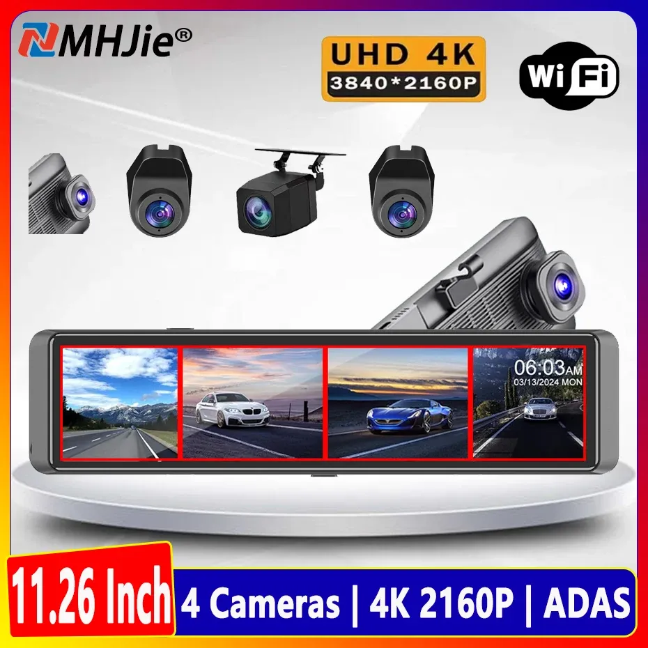 מראת דרך חכמה 4 ערוצים 11.26 אינץ׳ עם 4K, Wi‑Fi וחיישני חניה