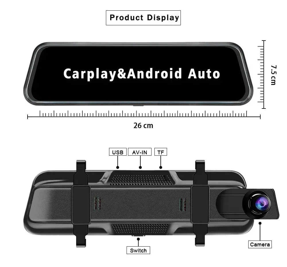 מראת דרך חכמה 10 אינץ׳ 4K עם CarPlay ו‑Android Auto