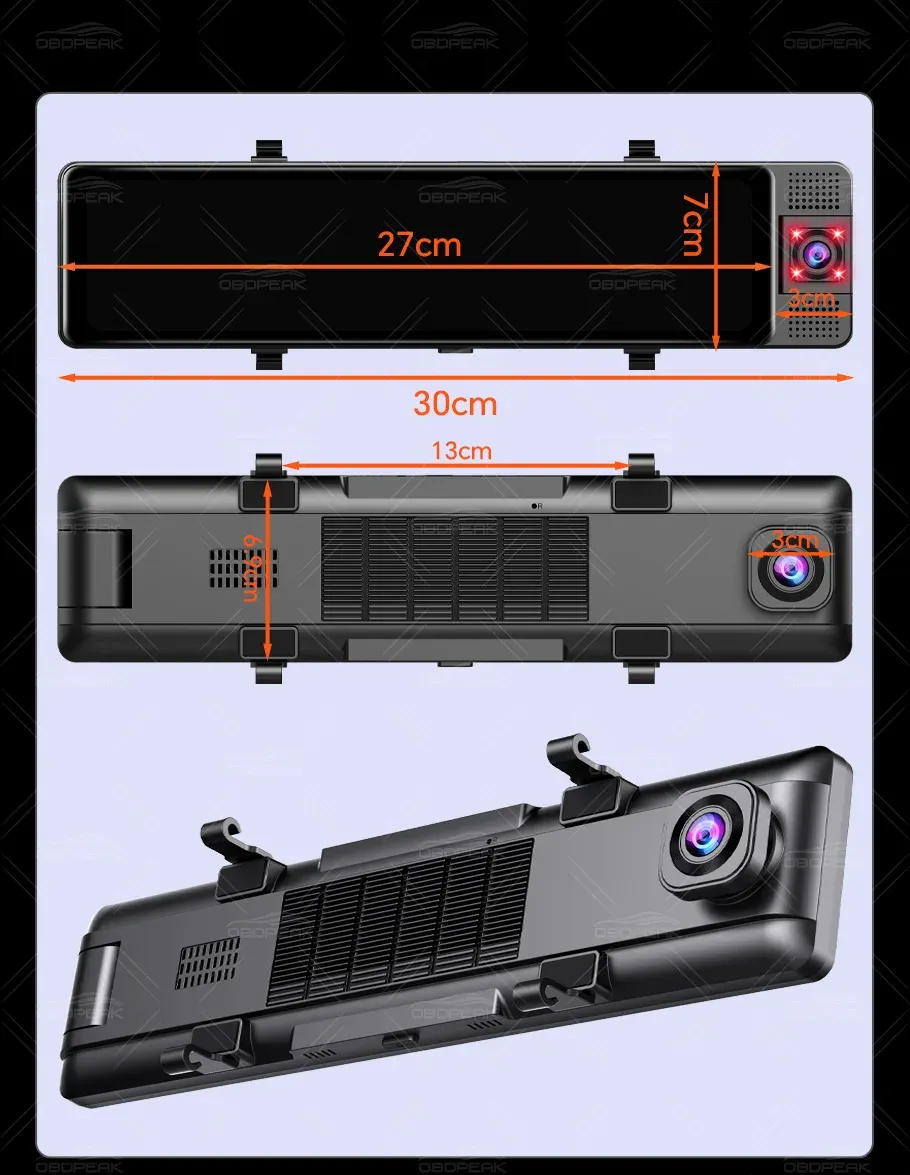 מראת דרך תלת־ערוצית OBDPEAK H330 עם 4K, Wi‑Fi ו‑GPS