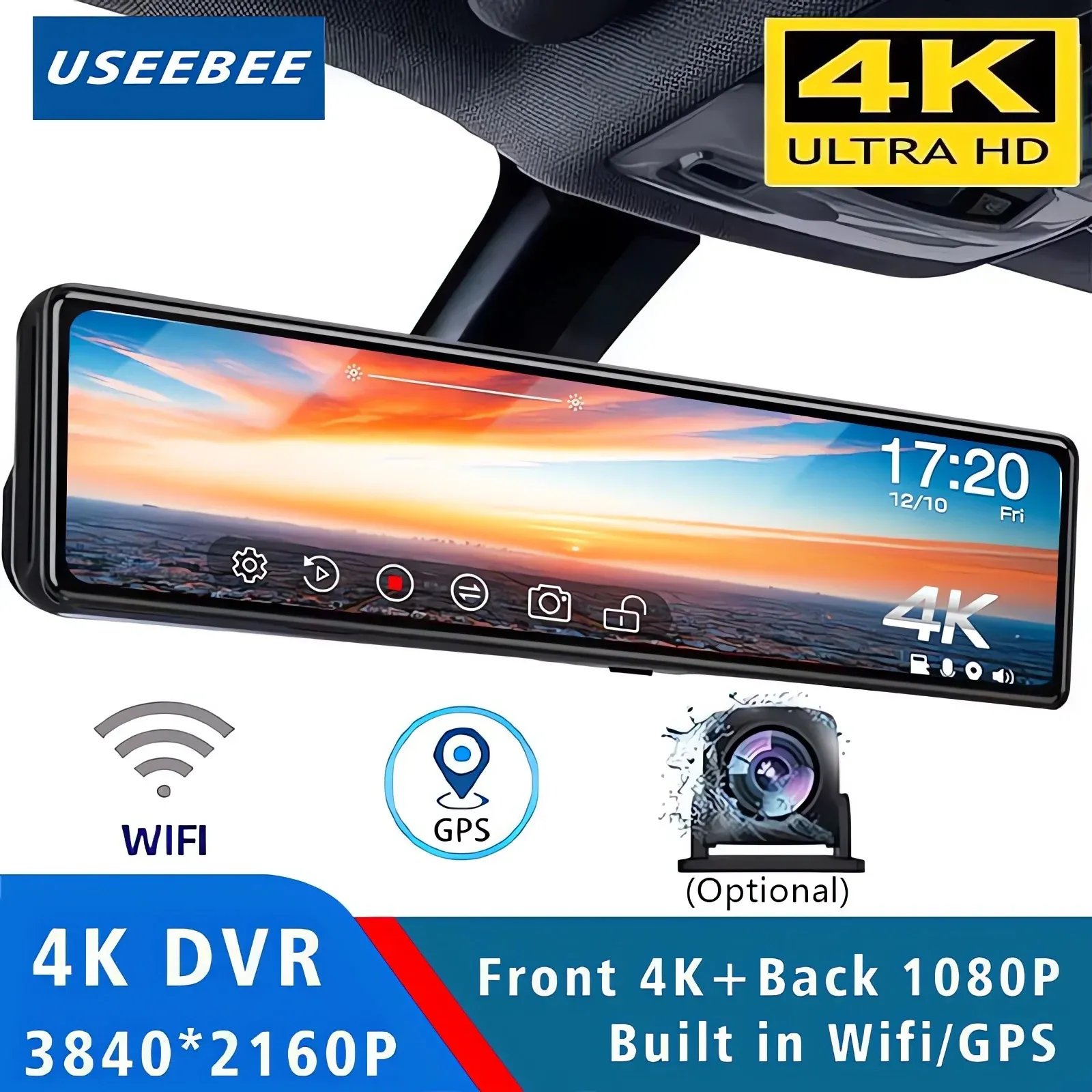מראת דרך 4K חכמה 11.26 אינץ׳ עם GPS, Wi‑Fi ומצלמה כפולה