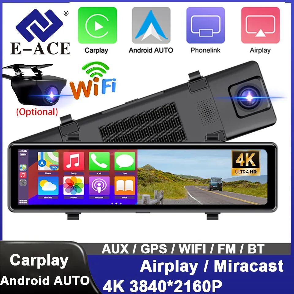 מראת דרך חכמה 4K עם CarPlay, Android Auto ו‑Wi‑Fi