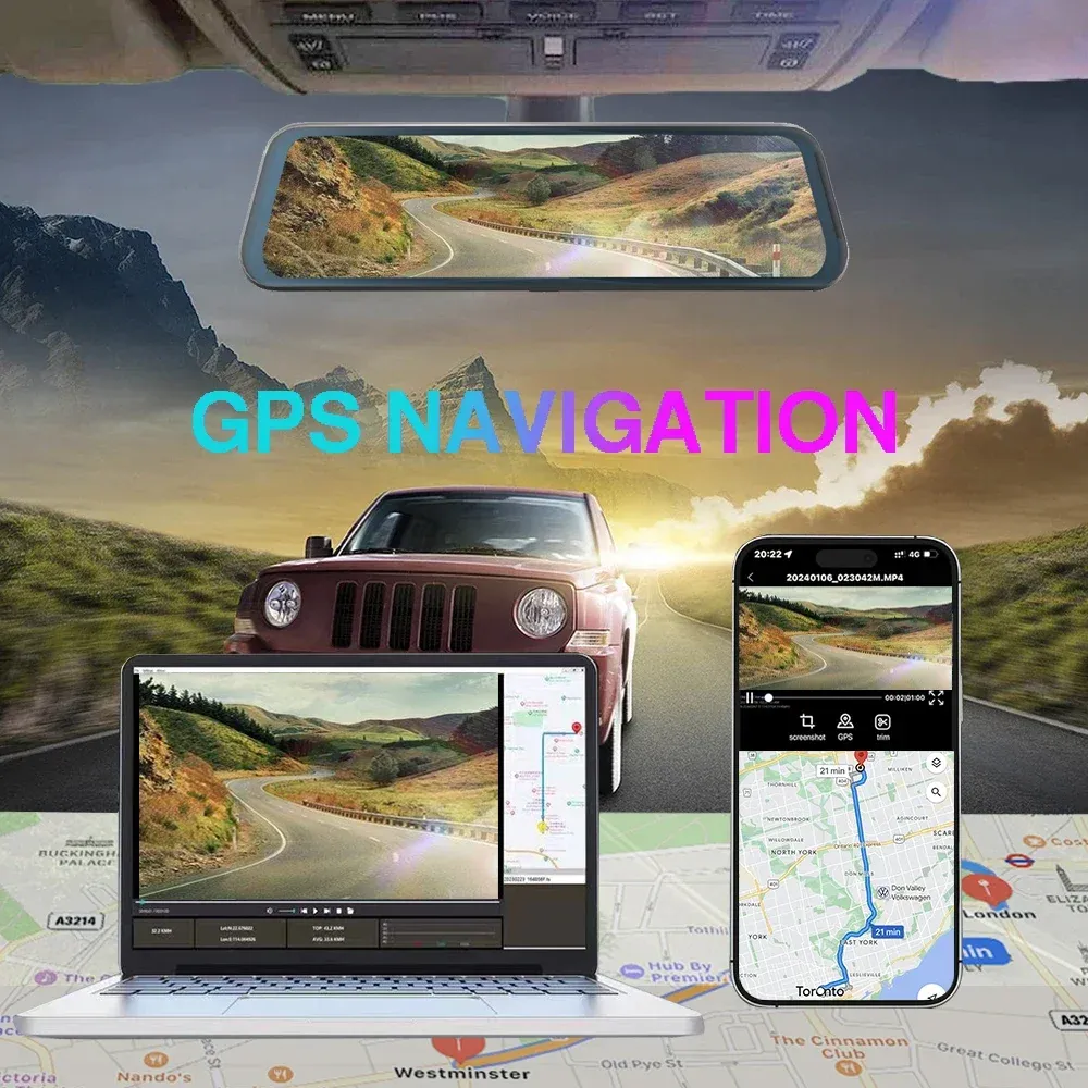 מראת דרך QOZ תלת־מצלמת 4K עם Wi‑Fi ו‑GPS