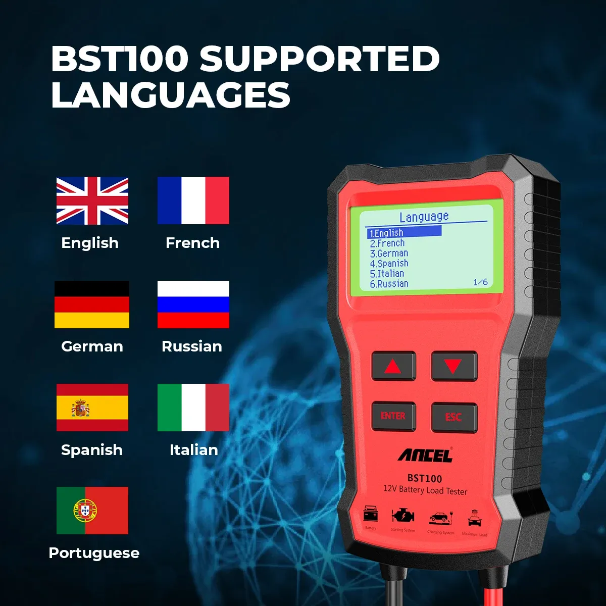 בודק מצבר לרכב ANCEL BST100 12V לאבחון טעינה והתנעה