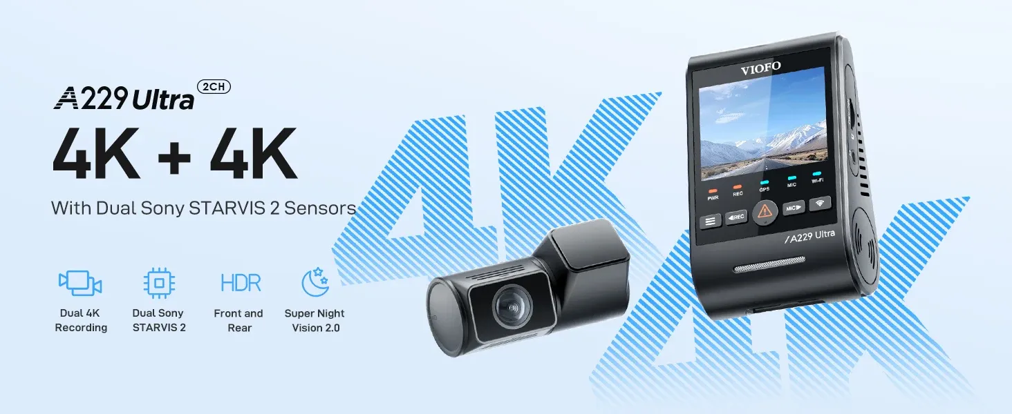 מצלמת דרך Viofo A229 Ultra דו־ערוצית 4K קדמית ואחורית