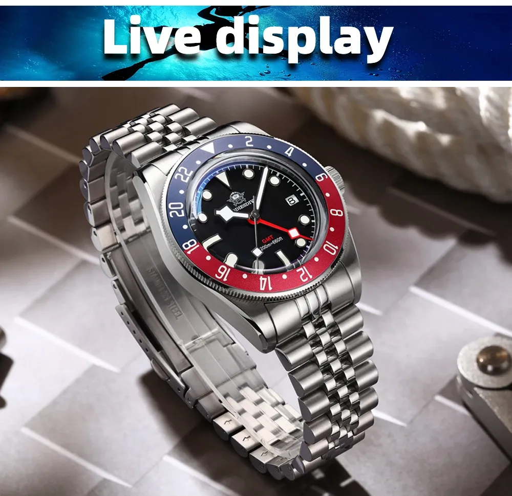 שעון GMT קוורץ ADDIESDIVE 39 מ״מ מפלדת 316L עם זכוכית בועה ותאורה BGW9