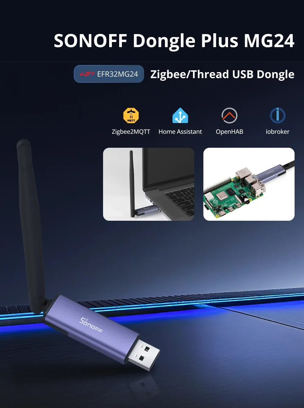 דונגל SONOFF MG24 ל‑Zigbee ו‑Thread עם אנטנה מוגברת