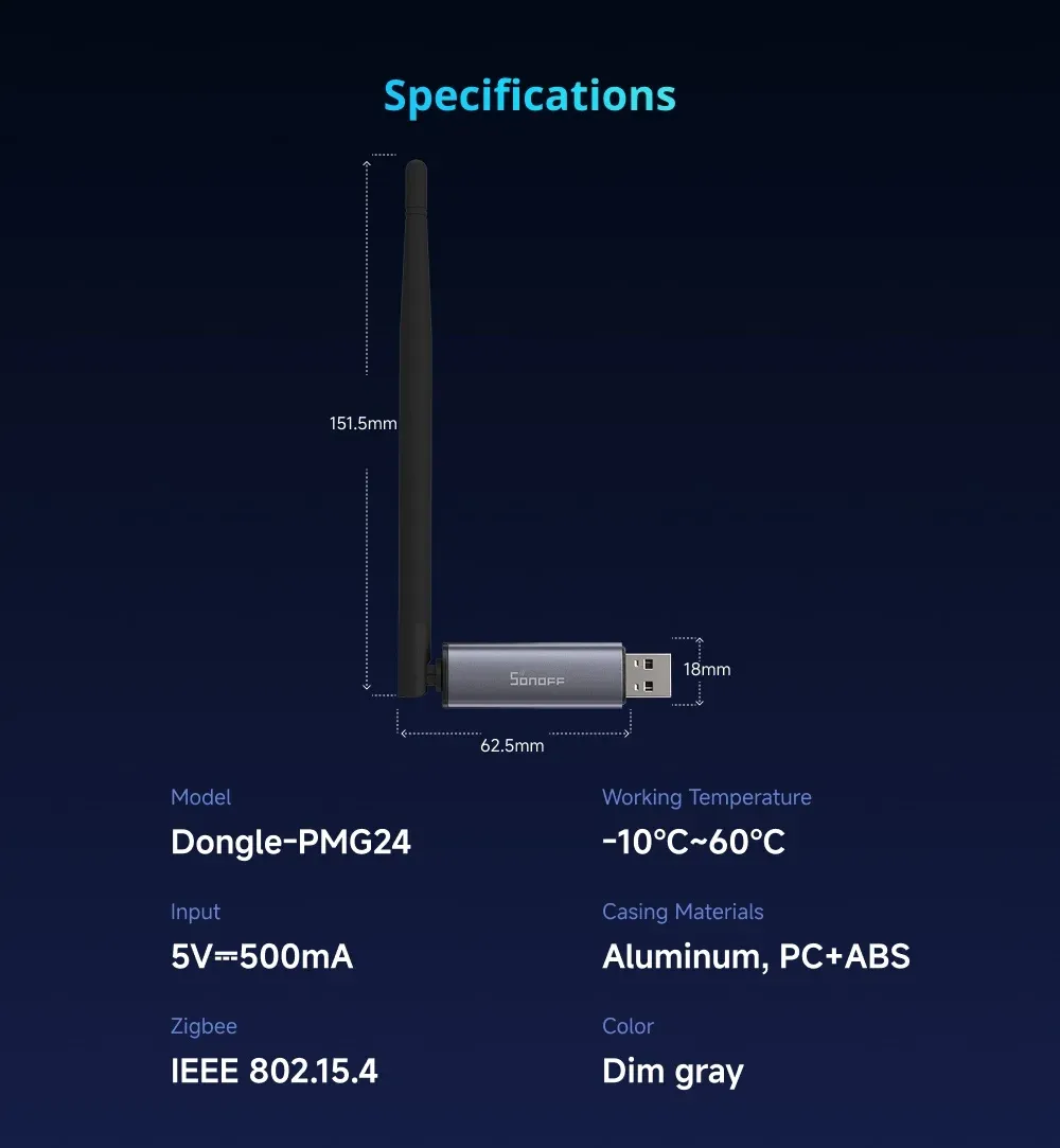 דונגל SONOFF MG24 ל‑Zigbee ו‑Thread עם אנטנה מוגברת