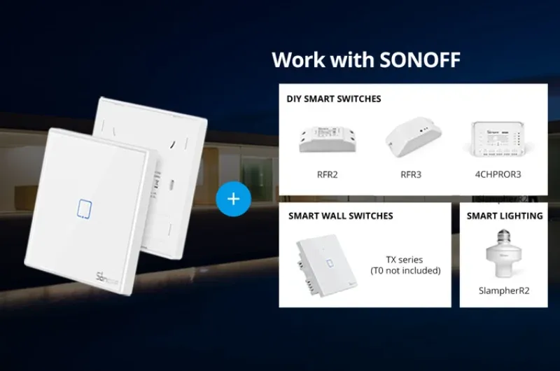 מתג קיר חכם Sonoff T2EU RF עם מגע, RF וקול