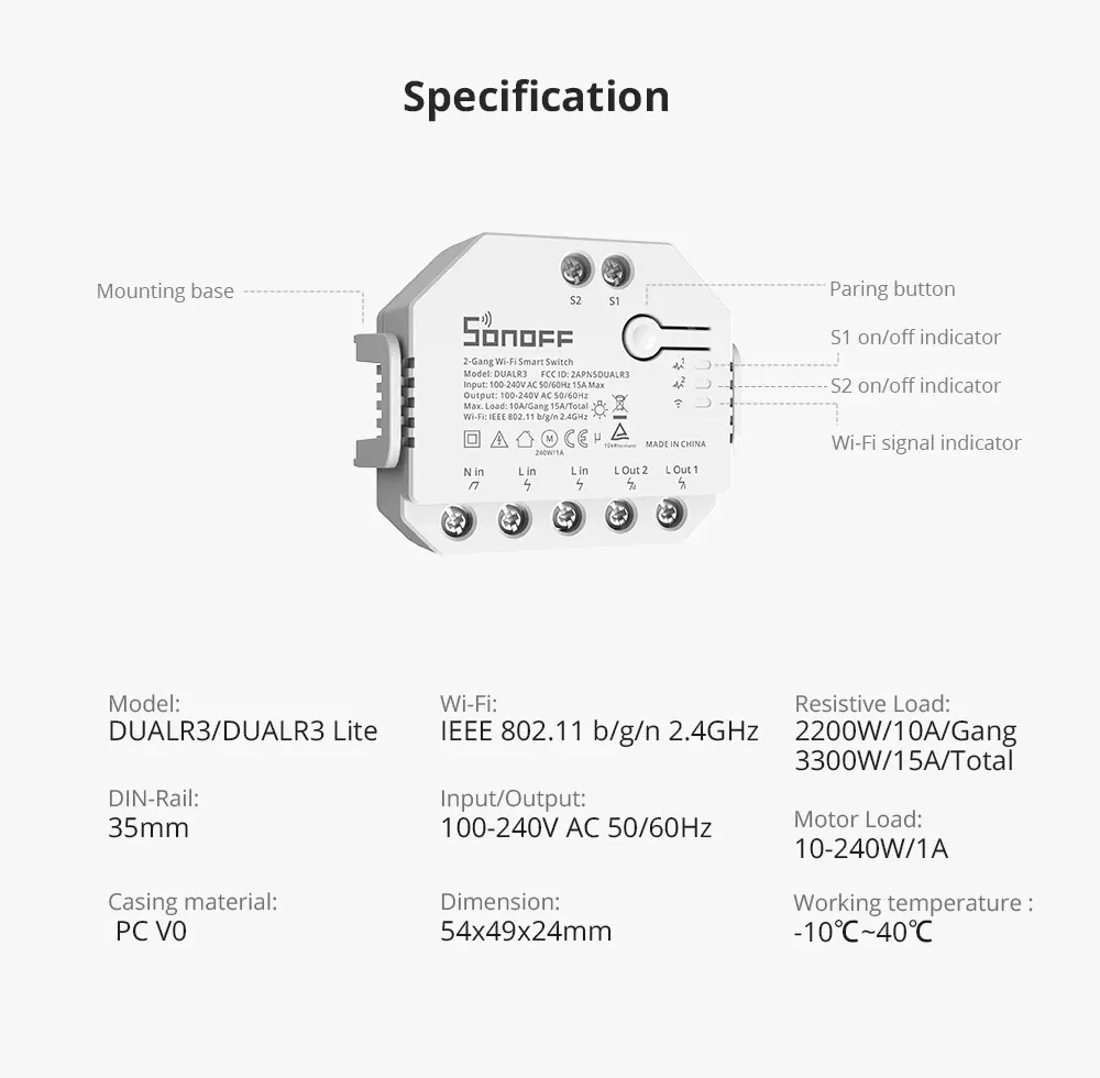 מודול ממסר חכם דו־ערוצי Sonoff Dual R3 לשליטה בתריסים ובמעגלי חשמל
