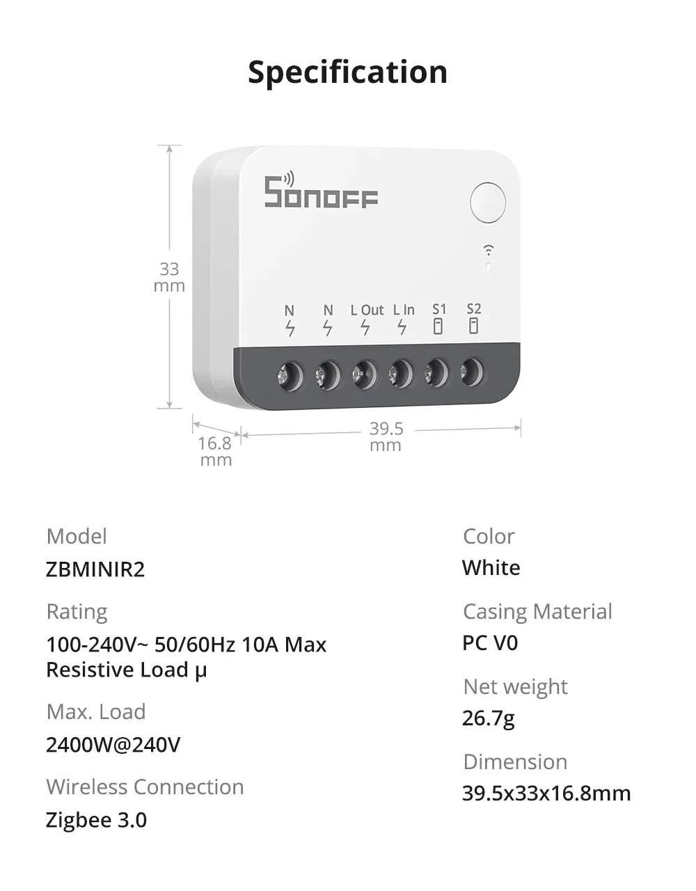 מודול ממסר חכם Zigbee קומפקטי SONOFF ZBMINIR2 לשליטה במתג חיצוני