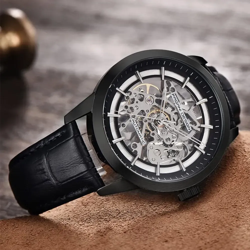 שעון אוטומטי חלול PAGANI DESIGN 43 מ״מ עם ספיר ורצועת עור