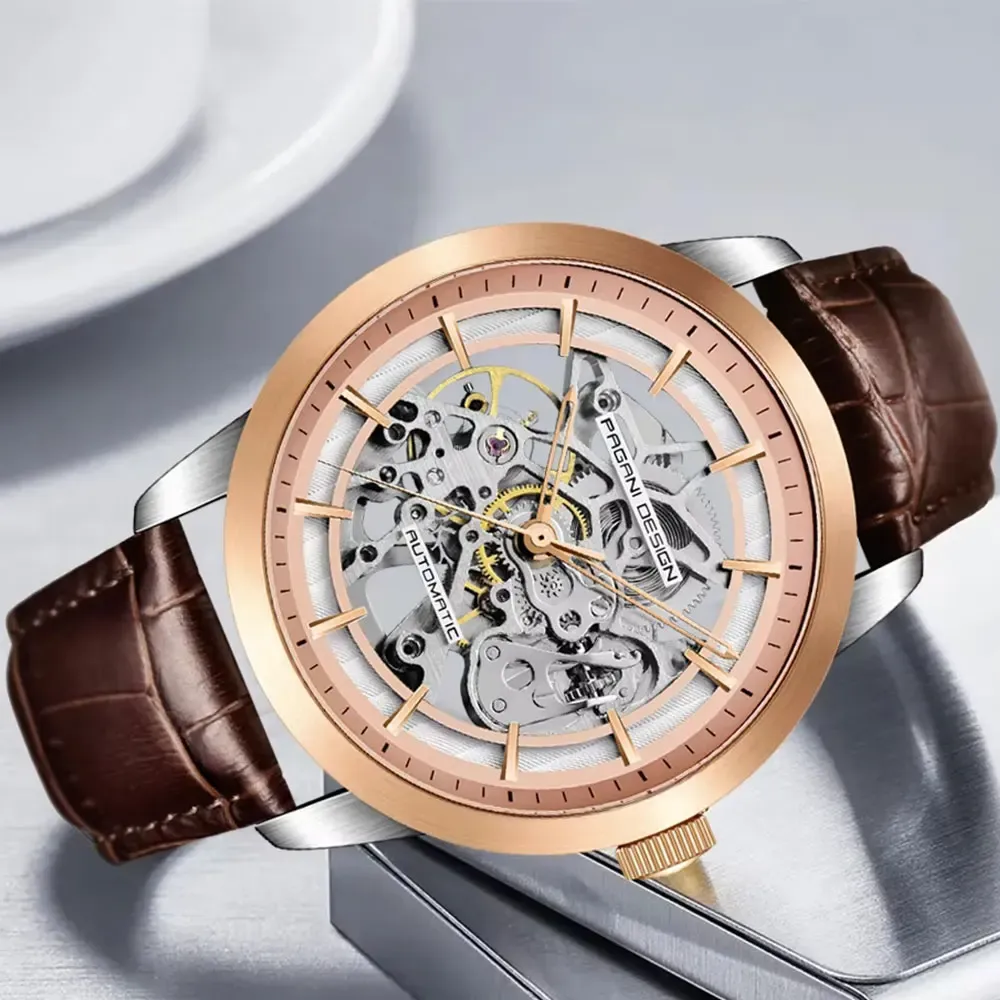 שעון אוטומטי חלול PAGANI DESIGN 43 מ״מ עם ספיר ורצועת עור
