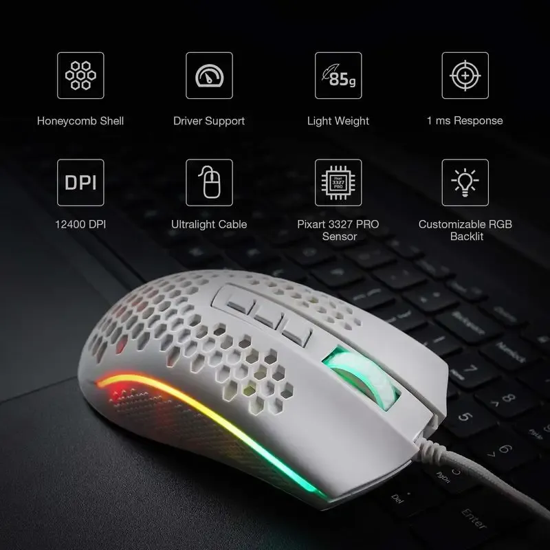 עכבר גיימינג קל במיוחד Redragon M808 Storm עם תאורת RGB וחיישן Pixart