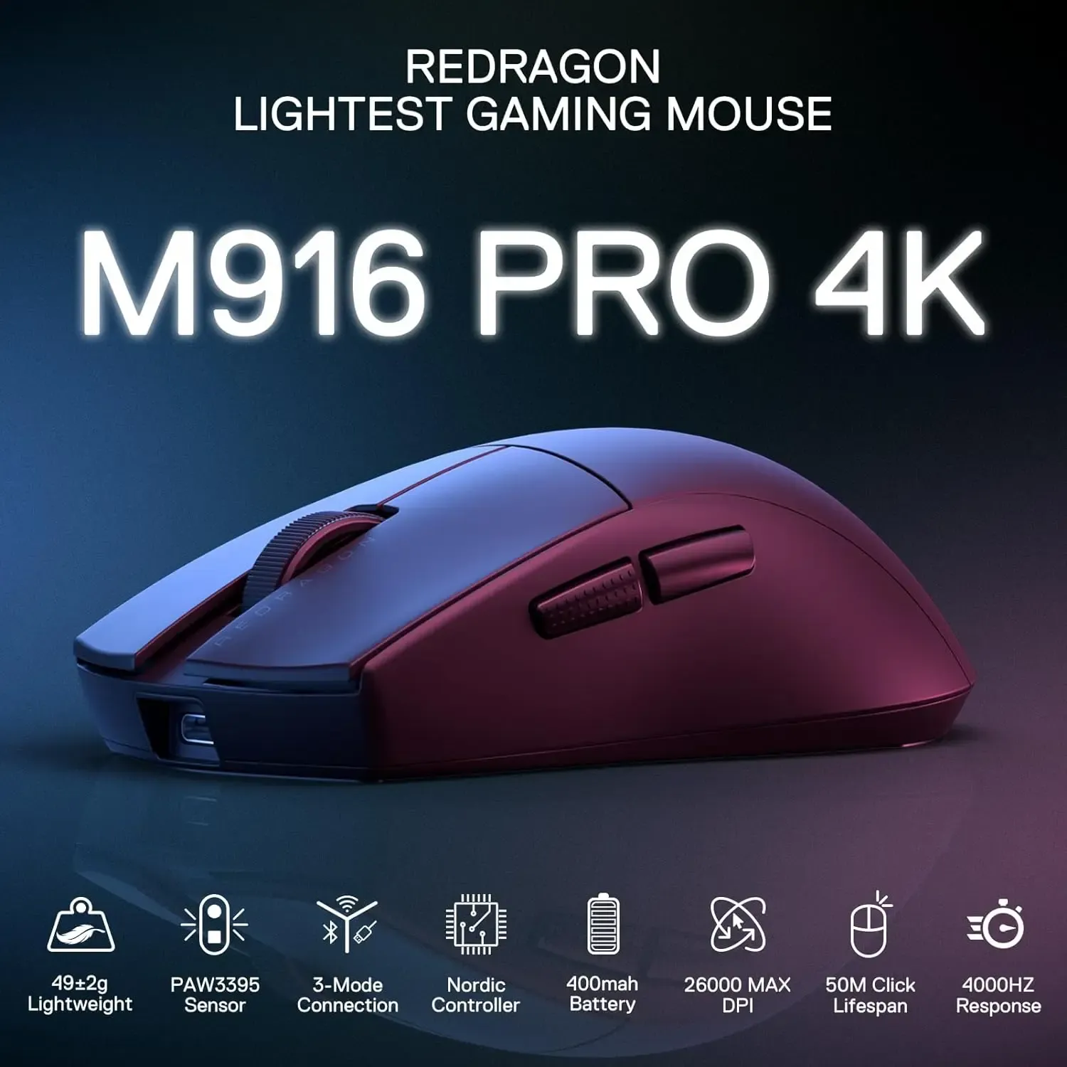 עכבר גיימינג אלחוטי Redragon M916 PRO עם 3 מצבי חיבור וחיישן Pixart 3395