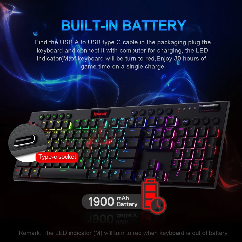 מקלדת מכנית אלחוטית דקה REDRAGON Horus K618 עם 3 מצבי חיבור ותאורה RGB