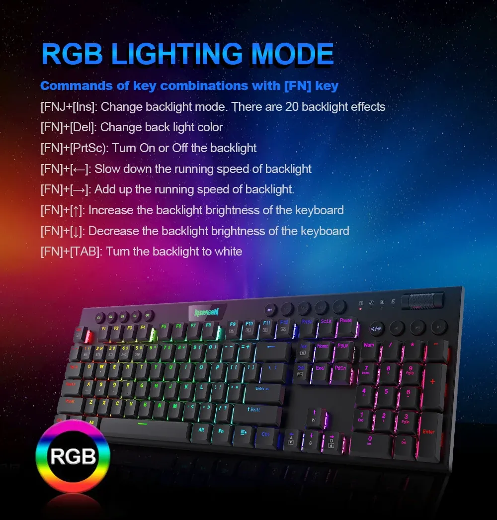 מקלדת מכנית אלחוטית דקה REDRAGON Horus K618 עם 3 מצבי חיבור ותאורה RGB
