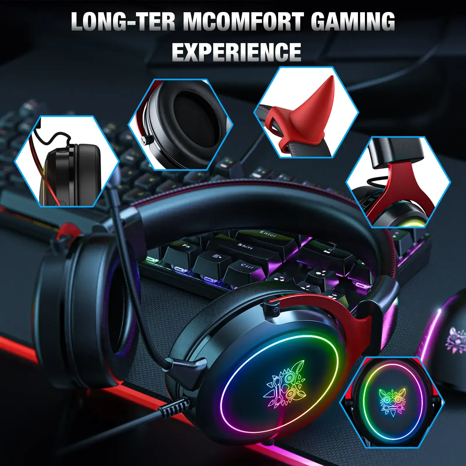 אוזניות גיימינג חוטיות ONIKUMA X10 עם תאורת RGB ומיקרופון