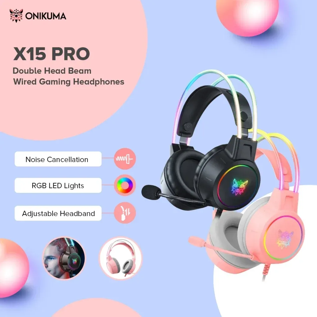 אוזניית גיימינג חוטית ONIKUMA X15 Pro עם מיקרופון מסנן רעשים ותאורת RGB