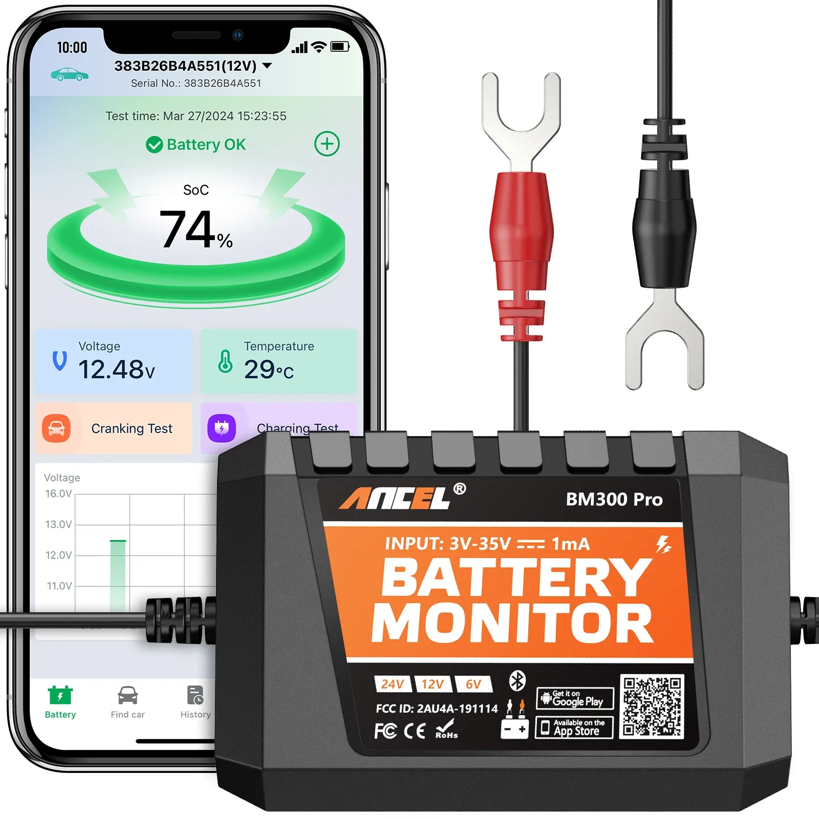 בודק מצבר חכם ANCEL BM300 Pro עם Bluetooth ל־6V/12V/24V