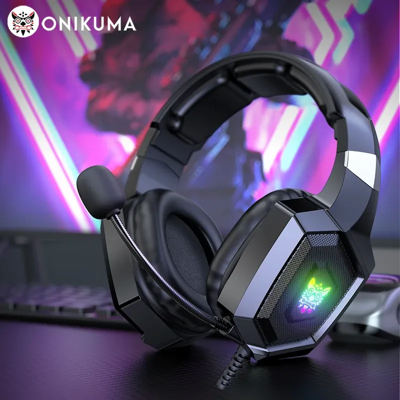 אוזניות גיימינג חוטיות ONIKUMA K8 עם מיקרופון גמיש ותאורת RGB