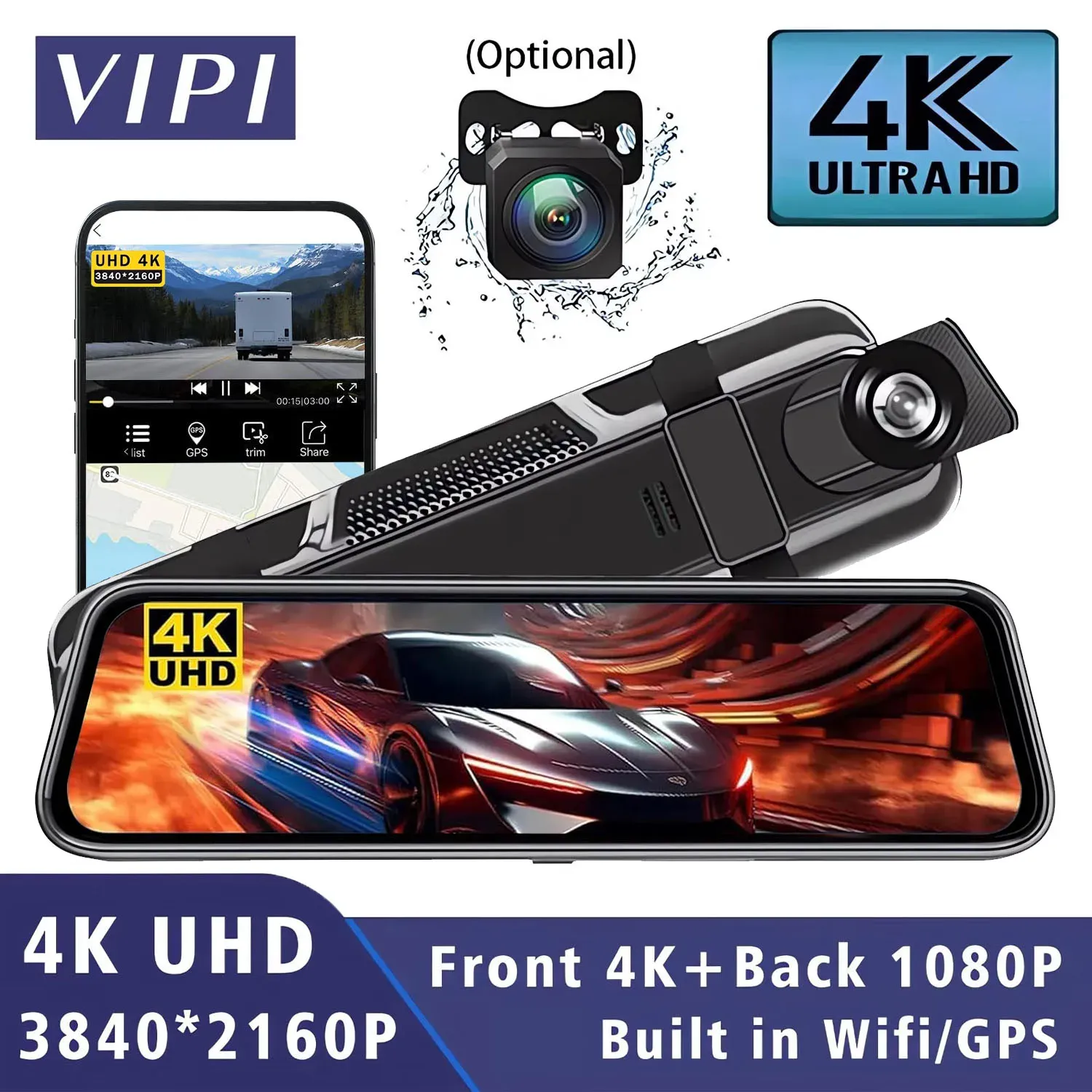 מראת דרך 10 אינץ׳ 4K עם GPS, Wi‑Fi ומצלמה אחורית