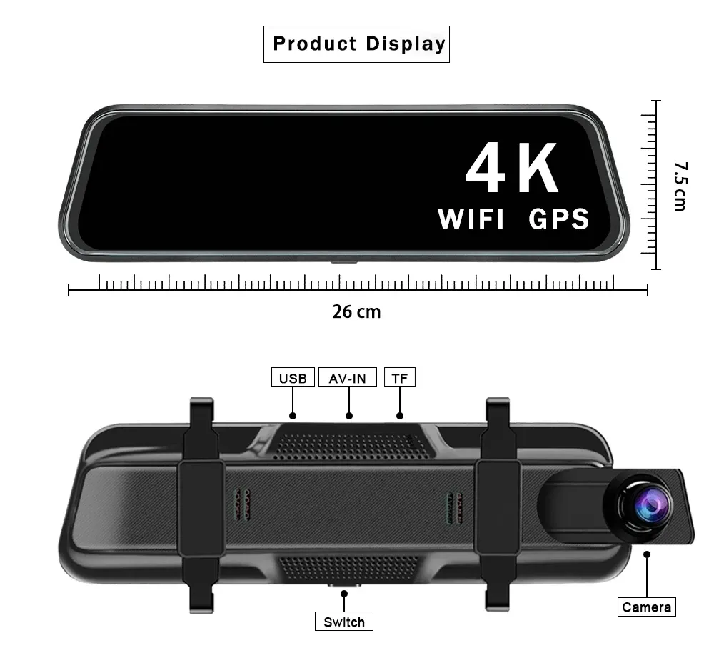 מראת דרך 10 אינץ׳ 4K עם GPS, Wi‑Fi ומצלמה אחורית