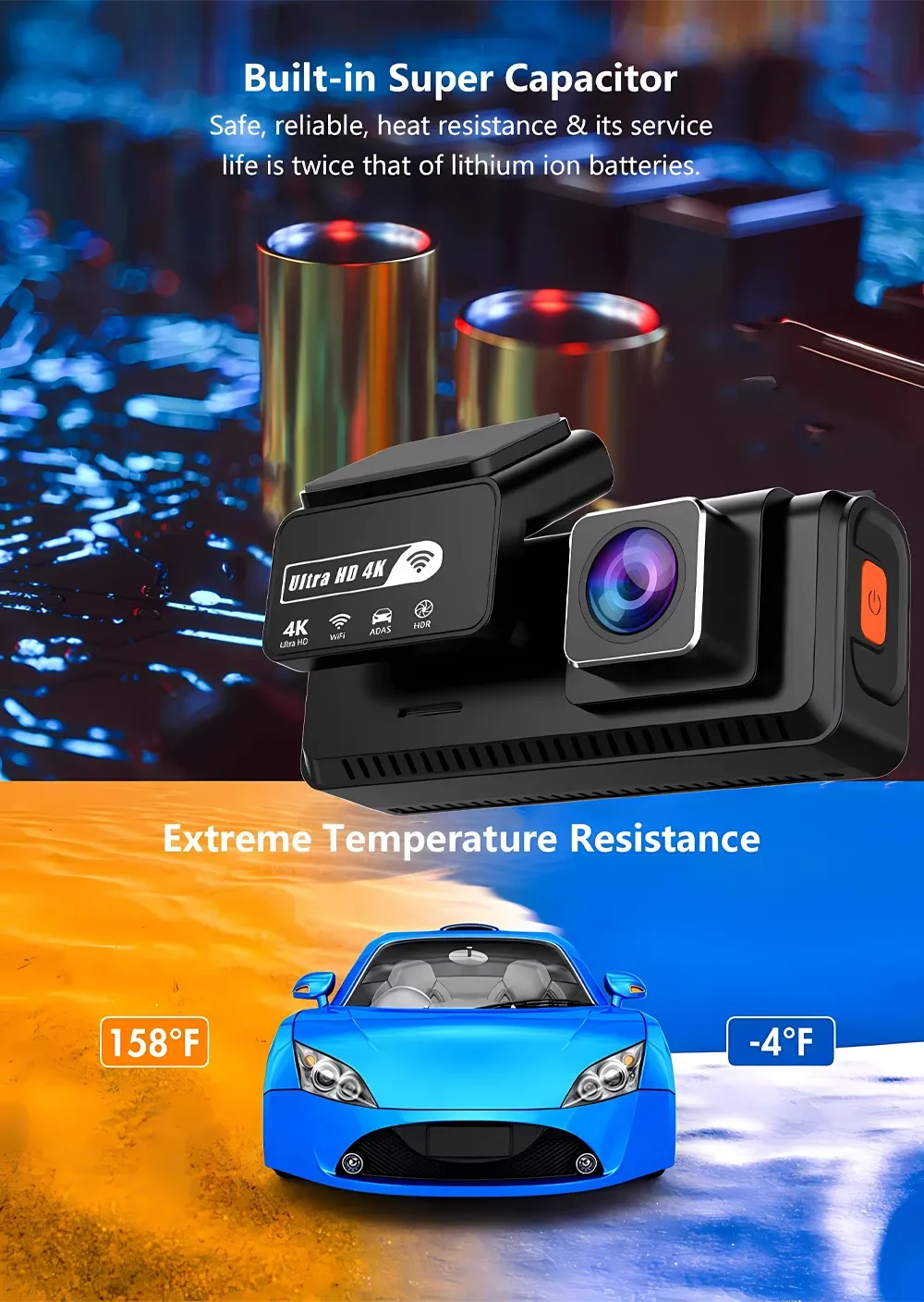 מצלמת דרך 4K כפולה עם GPS ו‑Wi‑Fi