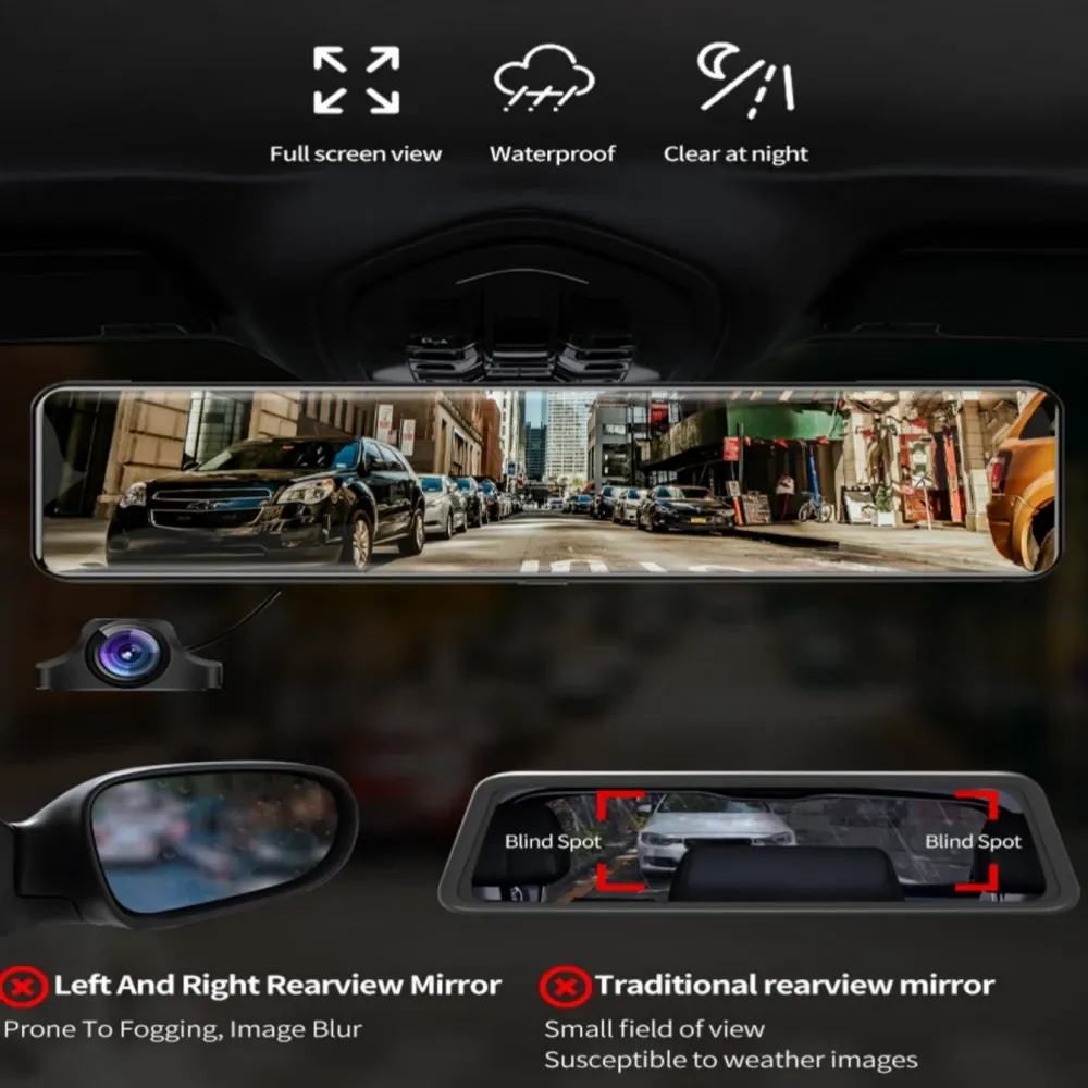 מראת דרך חכמה 11.26 אינץ׳ עם 4K, GPS ואפליקציה