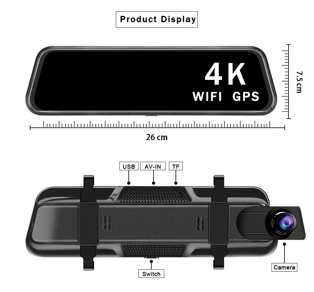 מראת דרך חכמה 10 אינץ׳ עם שלוש מצלמות, GPS ו‑Wi‑Fi