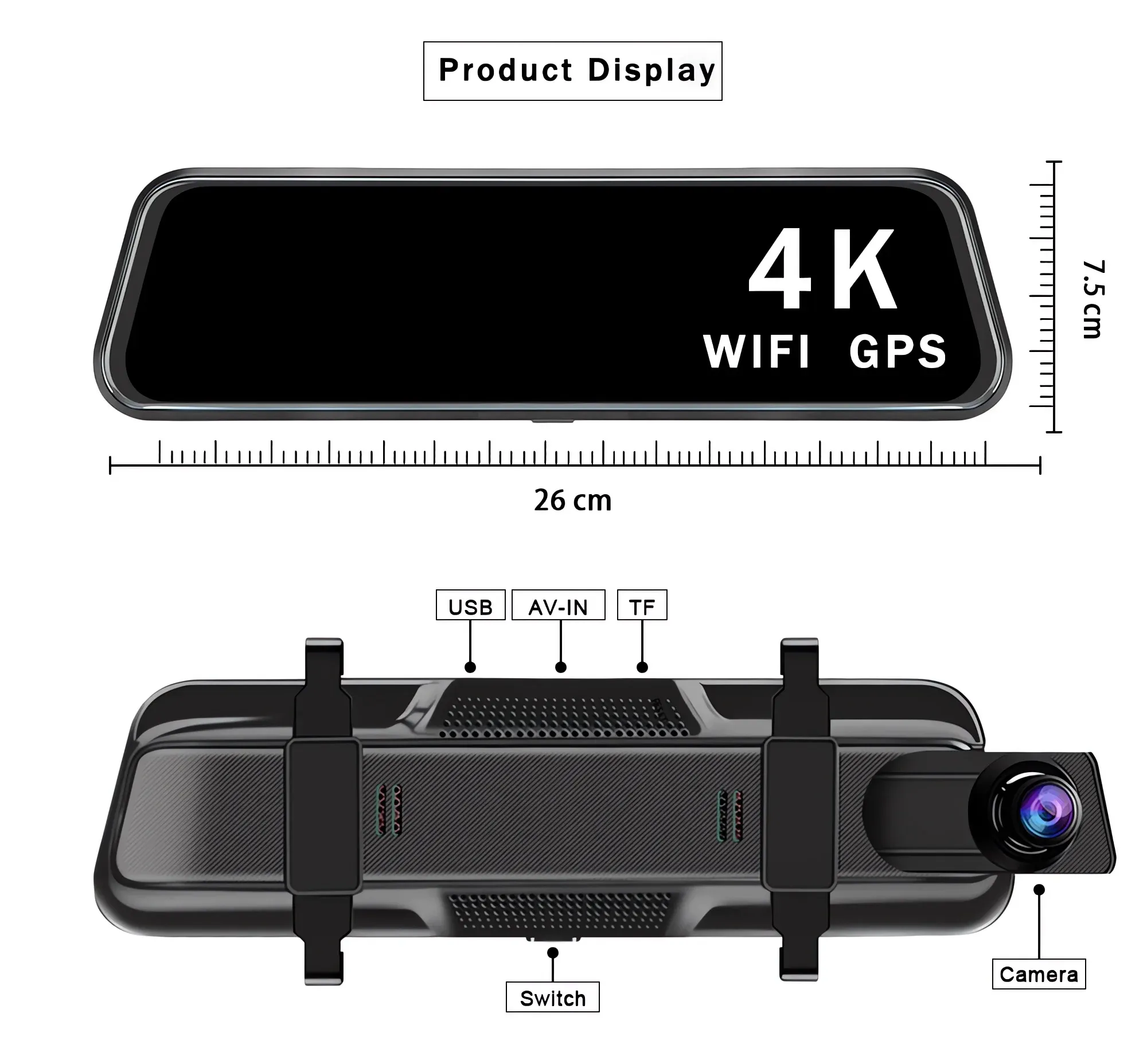 מראת דרך 10 אינץ׳ 4K עם GPS, Wi‑Fi ומצלמה כפולה