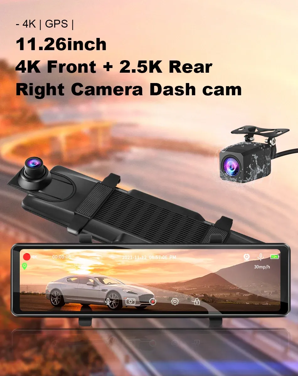 מראת דרך חכמה דו־ערוצית 4K עם מסך מגע ו‑GPS