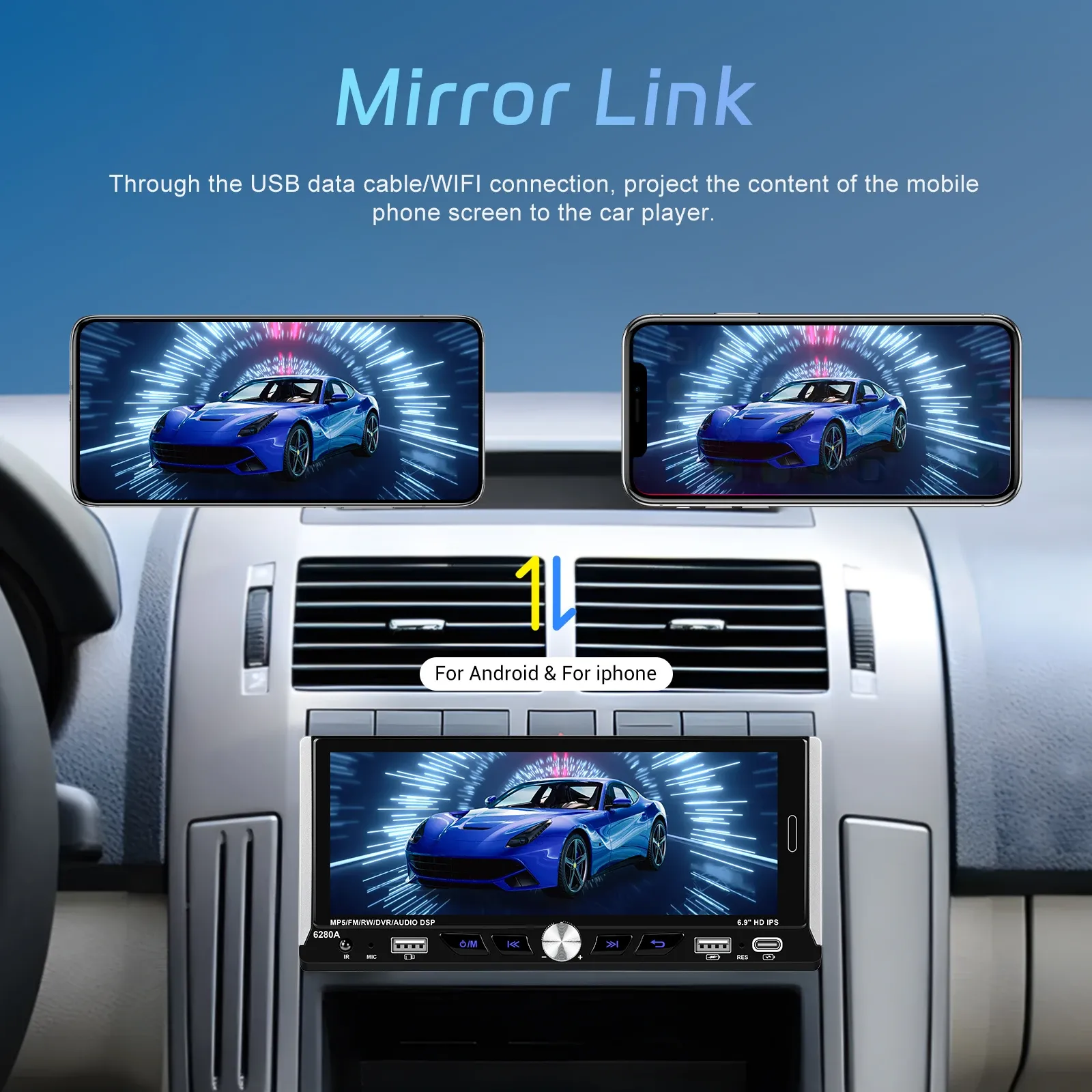 מערכת מולטימדיה לרכב Podofo 1DIN עם CarPlay ו‑Android Auto