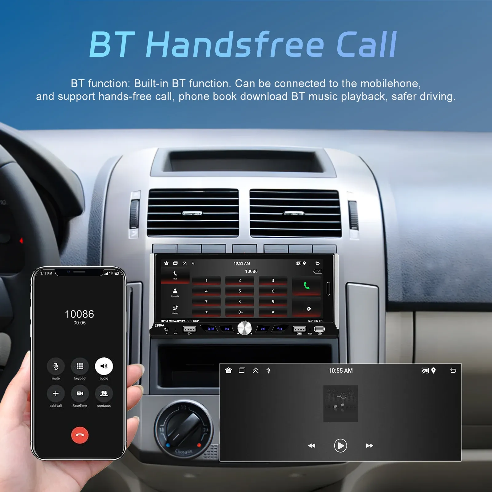 מערכת מולטימדיה לרכב Podofo 1DIN עם CarPlay ו‑Android Auto
