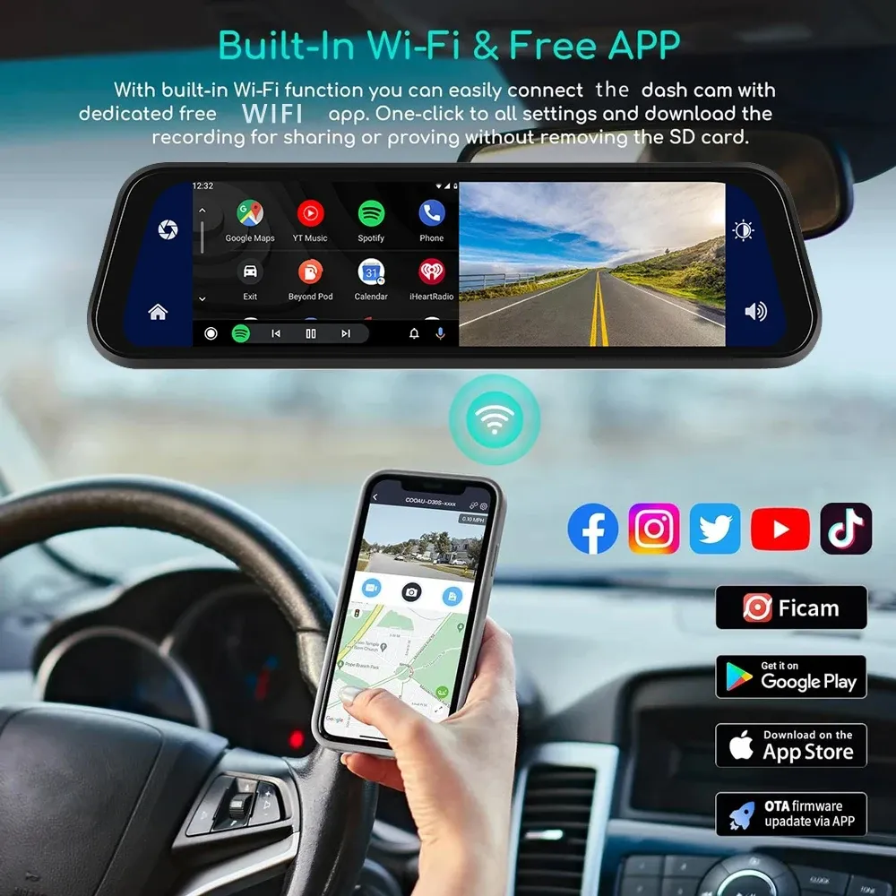 מראת דרך חכמה 10 אינץ׳ עם מצלמה כפולה, 4K, GPS ו‑Wi‑Fi