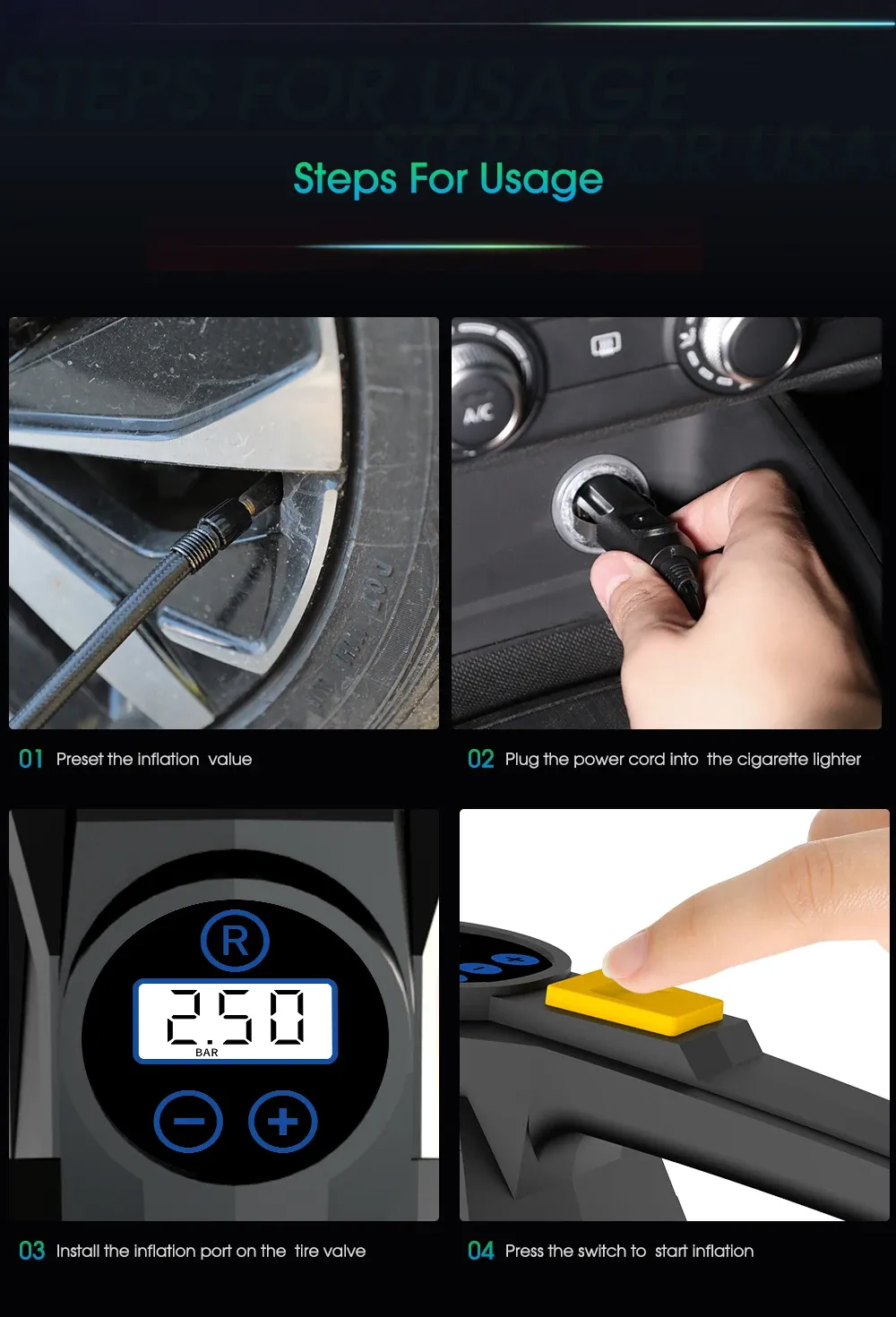 מדחס אוויר נייד CARSUN 12V עם תצוגה דיגיטלית