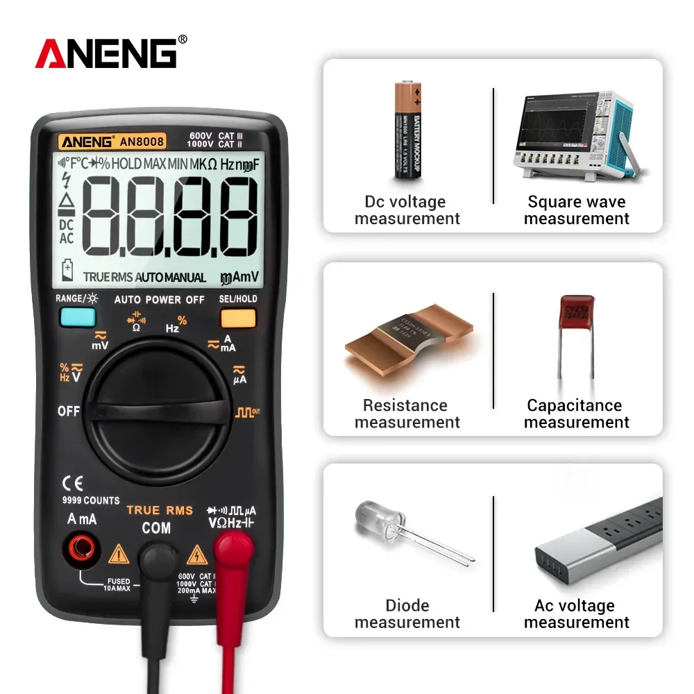 מולטימטר דיגיטלי AN8008 עם 9999 ספירות ו‑True RMS